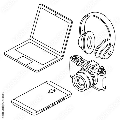 Isometric line art illustration of modern electronic devices including laptop headphones camera and smartphone