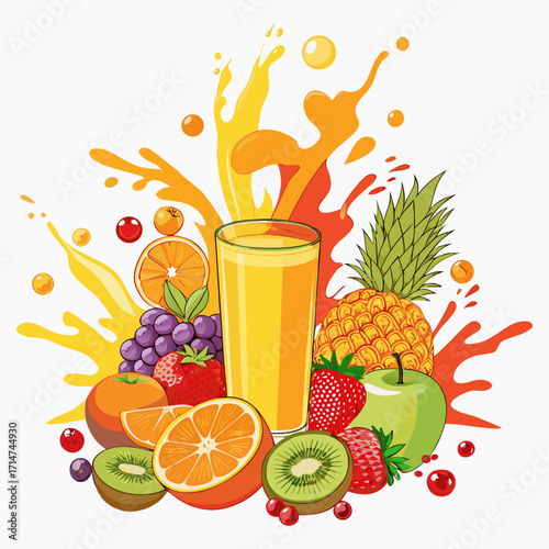 Fresh Juice Glass with Colorful Fruits Vector Illustration
