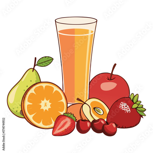 Fresh Juice Glass with Colorful Fruits Vector Illustration