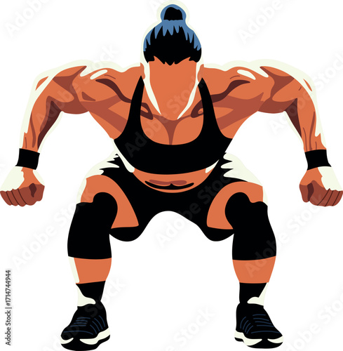Powerful female bodybuilder in squat pose, showcasing muscular strength and athletic energy, perfect for fitness, sports, and empowerment designs.