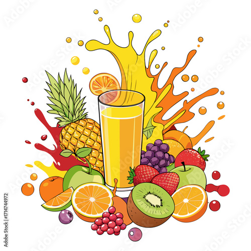Fresh Juice Glass with Colorful Fruits Vector Illustration