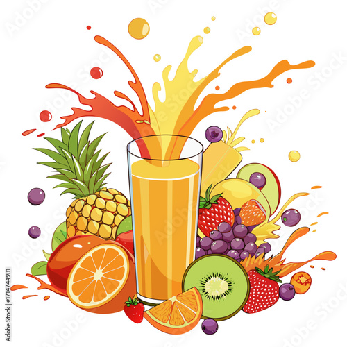 Fresh Juice Glass with Colorful Fruits Vector Illustration