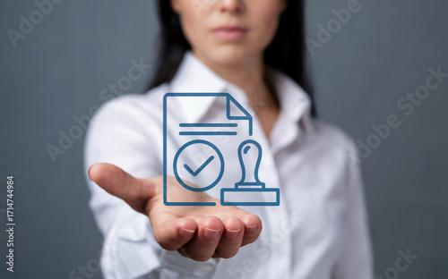 Businesswoman Holding a Certified Document Icon for Quality Approval