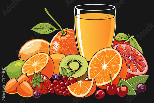 Fresh Juice Glass with Colorful Fruits Vector Illustration