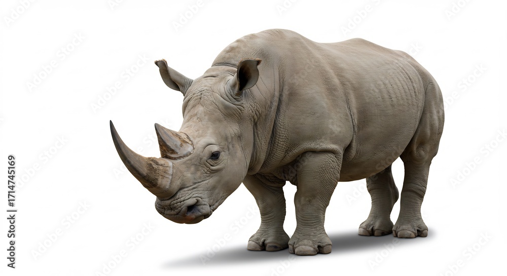 Fototapeta premium Rinoceronte blanco imponente sobre fondo blanco luz natural. AI Generated