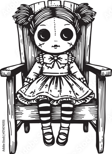 A cute cartoon illustration of a little girl in a dress, with her hair in a stylish bun, sitting on a chair like a tiny fashion model