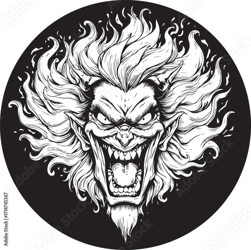 A powerful vector art illustration of a lion king head tattoo with tribal warrior and skull design