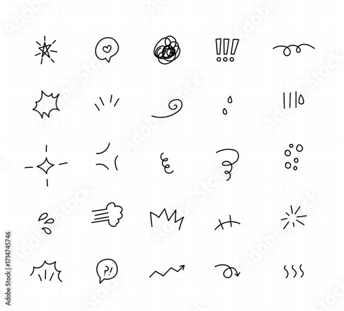 Set of hand-drawn comic-style doodle elements, sketchy emotion lines and expressive icons like swirls, bursts, sparks, sweat drops, impact marks and emphasis symbols for comics, social media, stickers
