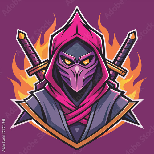 Neon Ninja Warrior with Glowing Eyes and Crossed Swords