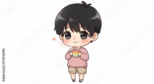 Chico anime adorable disfruta bebida suave luz c�lida estilo kawaii. AI Generated