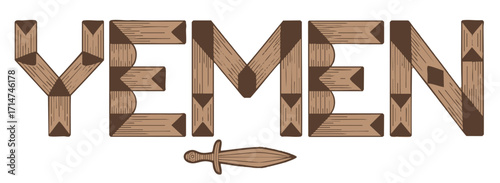 Yemen Wooden Typography Illustration with Traditional Jambiya Dagger, Rustic Hand-Drawn Vector Art for Cultural and Travel Designs
