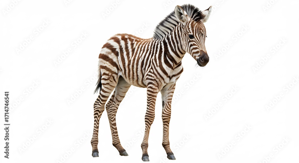 Fototapeta premium Cebra beb� tierna luce suave pelaje blanco y negro sobre fondo blanco puro. AI Generated