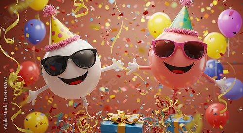 Two cheerful cartoon characters in party hats and sunglasses celebrate with confetti and balloons.