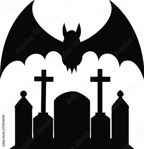 Silhouette of a bat flying over a spooky graveyard at night