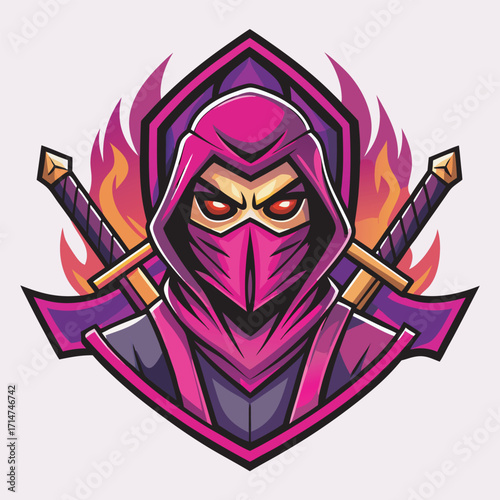 Neon Ninja Warrior with Glowing Eyes and Crossed Swords
