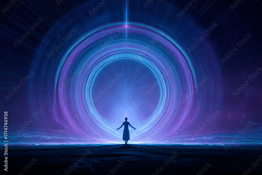 Fototapeta premium Human figure enveloped in Kirlian energy circles, vibrant and dynamic abstract illustration.