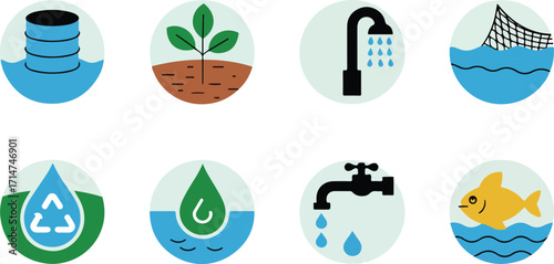 Water conservation icons set with water barrel, plant in soil, shower head, fishing net, recycle water drop, eco water drop, faucet drops, and fish in water
