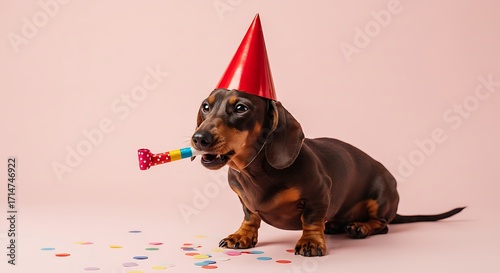 A brown and black dachshund wearing a red party hat blows a colorful party horn amidst scattered confetti against a light pink background.