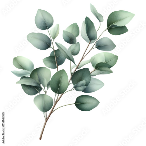 Single green eucalyptus branch painted in realistic watercolor style. eucalyptus green branch