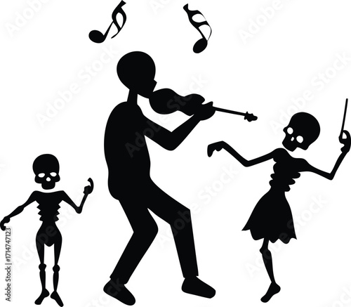 Skeleton family playing music and dancing together on white background