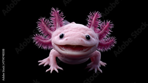 A smiling pink axolotl cartoon with frilly gills and black beady eyes isolated on a dark background