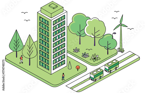 Modern residential tower block with greenery and urban landscape