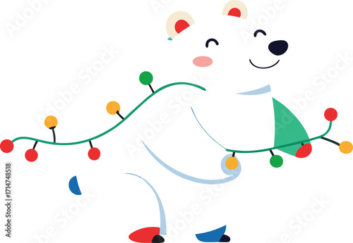 Cute cartoon polar bear with christmas lights and festive attire