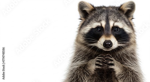 Mapache adorable mira fijamente luz suave fondo blanco. AI Generated