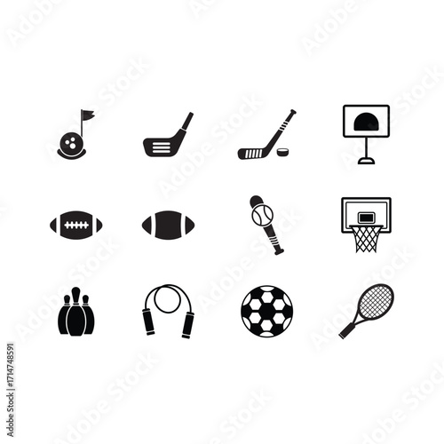 black and white sports icon set – golf, basketball, football, baseball, bowling, tennis, soccer, hockey, jump rope on white background.