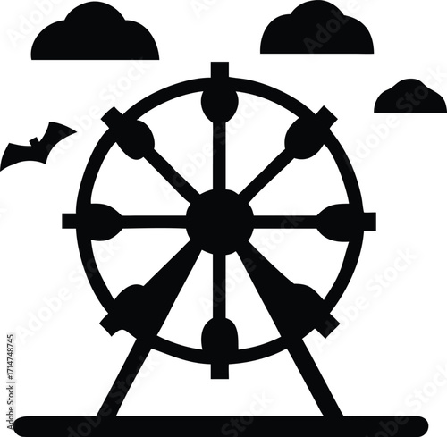 Simple silhouette of a ferris wheel with clouds