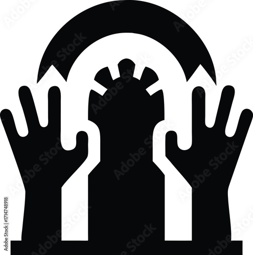 Abstract silhouette of hands reaching towards an archway or gateway
