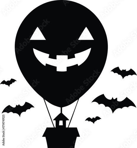 Spooky halloween hot air balloon with pumpkin face and flying bats