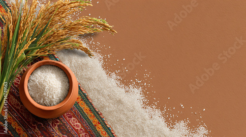 Thai Pongal Kolam Flat Lay on Golden Surface — Indian Harvest Festival Template