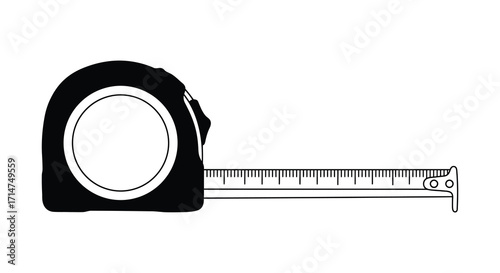 Simple black and white illustration of a tape measure tool on white