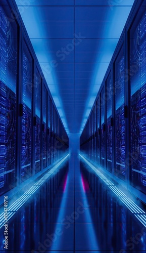 Row of server racks in a bluelit symmetrical data center