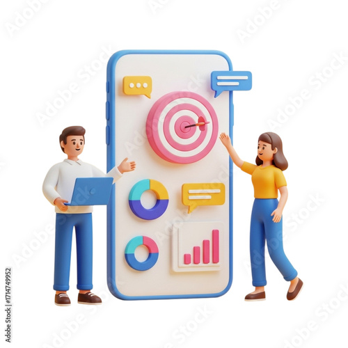 Digital marketing strategy development with 3d characters and mobile app interface elements