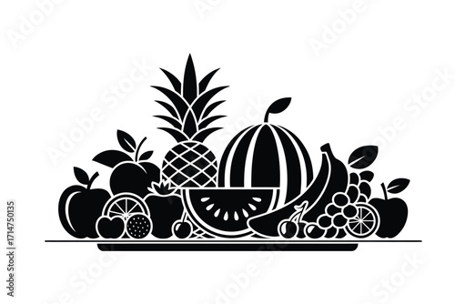 Silhouette of a bountiful arrangement of fresh fruits and vegetables on a platter