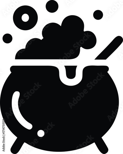 Black silhouette of a bubbling cauldron with a stirring spoon
