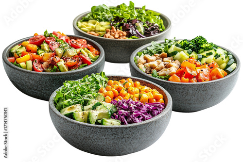 Collection of healthy salads arranged in bowls isolated on transparent background