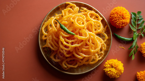 Dussehra Fafda and Jalebi with Chili and Marigold on Brass Plate — Warm Food Banner with Copy Space