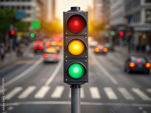 Traffic lights signal red yellow green illuminated city street intersection congested cars