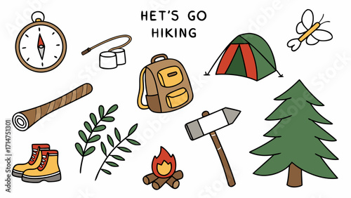Let's go hiking adventure gear collection for outdoor camping and exploration fun vector style