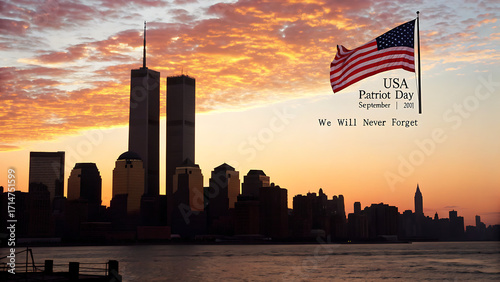New york city skyline silhouette with twin towers and american flag at sunset