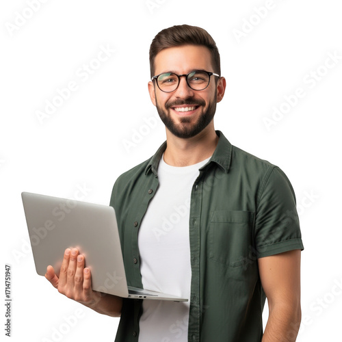 Wallpaper Mural Smiling young man with beard and glasses holding a laptop computer presenting technology isolated on transparent background Torontodigital.ca