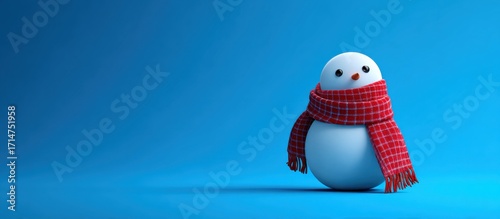 赤いマフラーを巻いた雪だるま（青背景）｜Snowman with Red Scarf on Blue Background