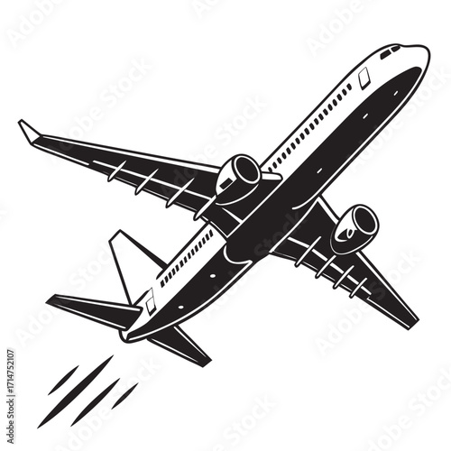 Modern jet airplane ascending into the sky with engines firing and contrails forming behind it