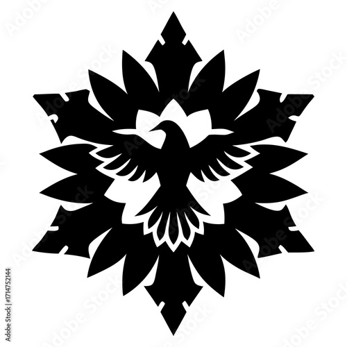 Black silhouette of a bird of prey within a starburst mandala design