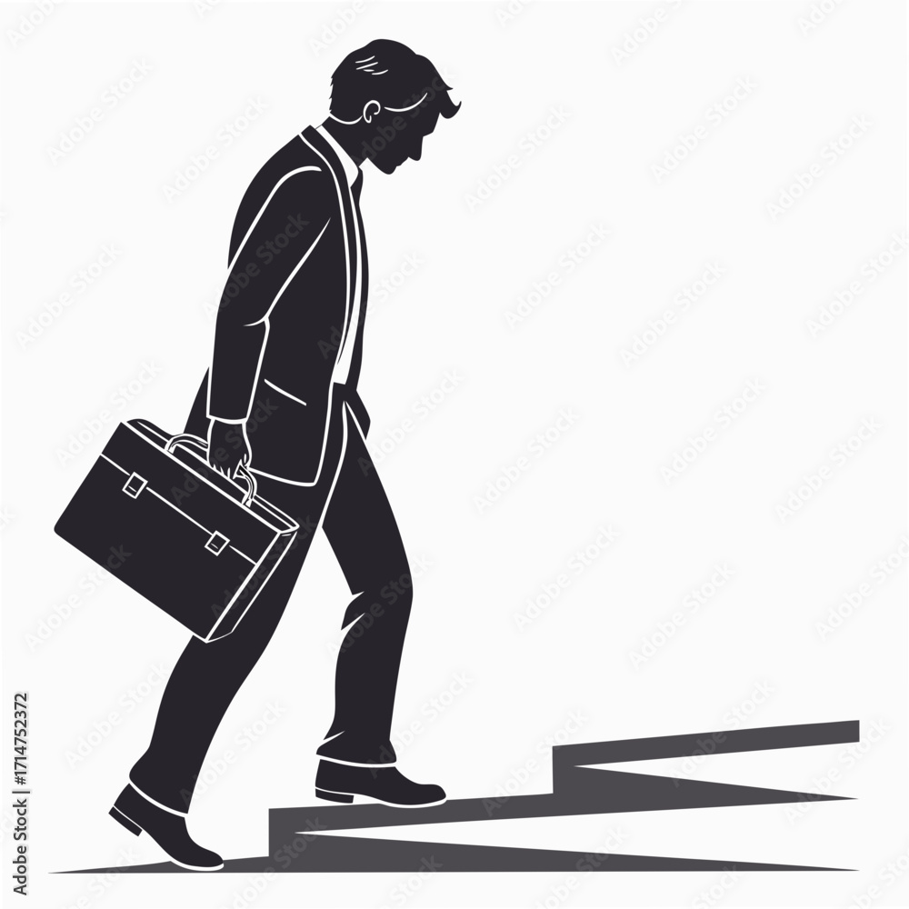 Obraz premium Silhouette of a businessman in a suit carrying a briefcase while climbing up a set of stairs
