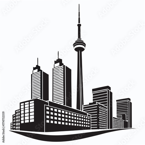 Iconic cityscape silhouette featuring tall skyscrapers and a prominent observation tower