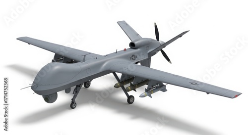 Unmanned aerial vehicle drone with propeller and landing gear detailed photographic representation isolated on white background